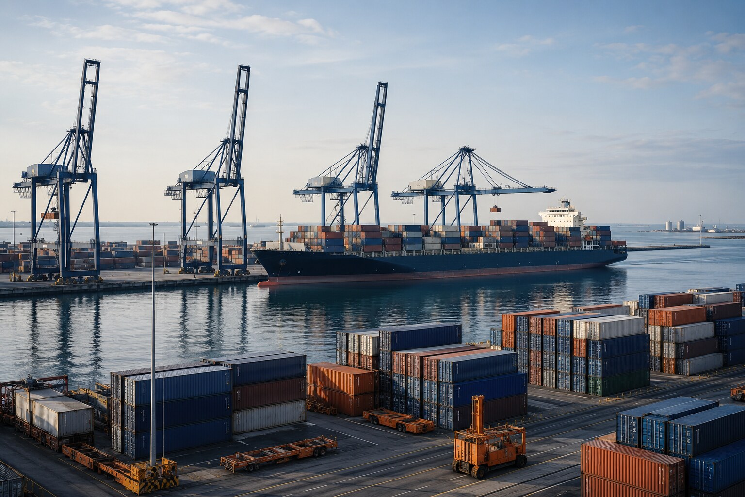 Terminal portuaria y barco portacontenedores como referencia de abastecimiento internacional