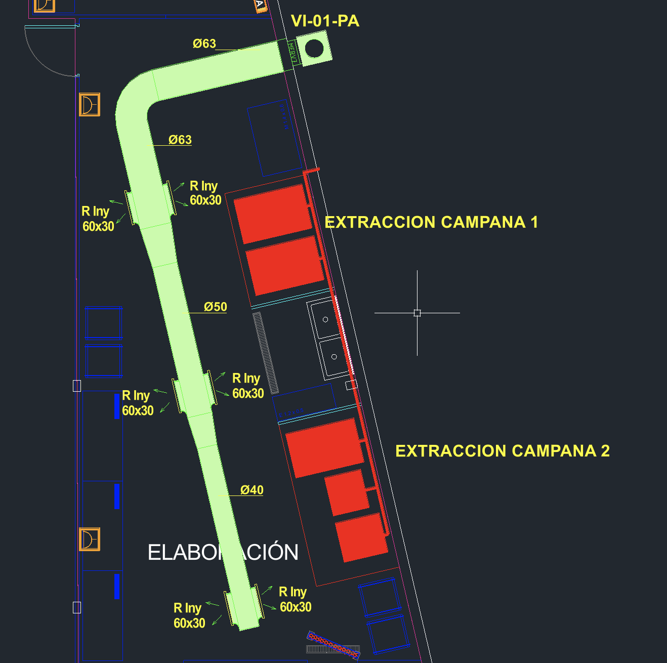 Plano técnico de un sistema de extracción y ventilación